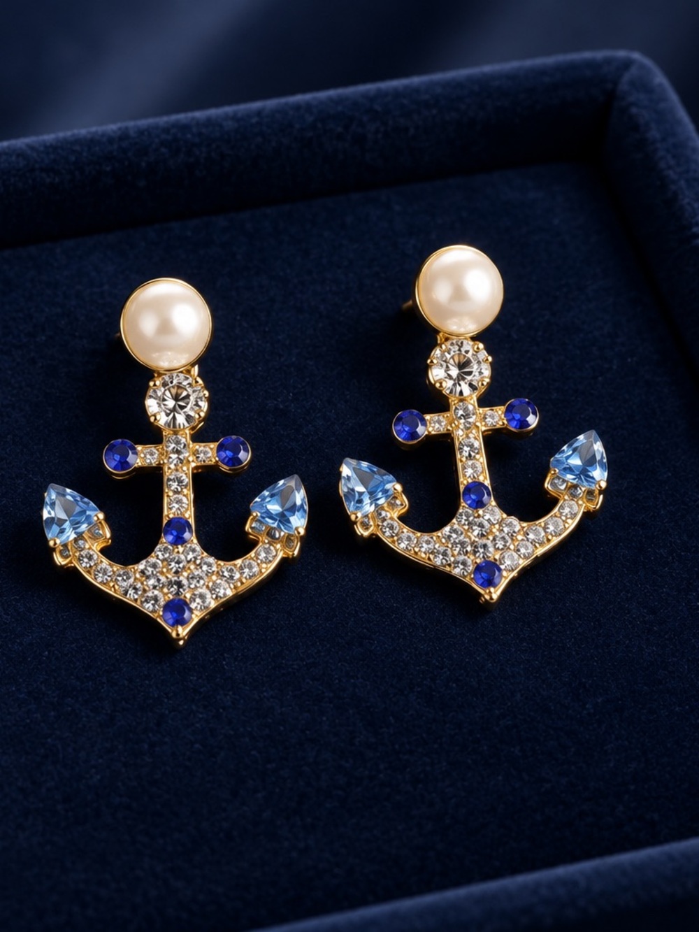 Gold Anchor Pearl Drop Earrings with Blue Crystals
